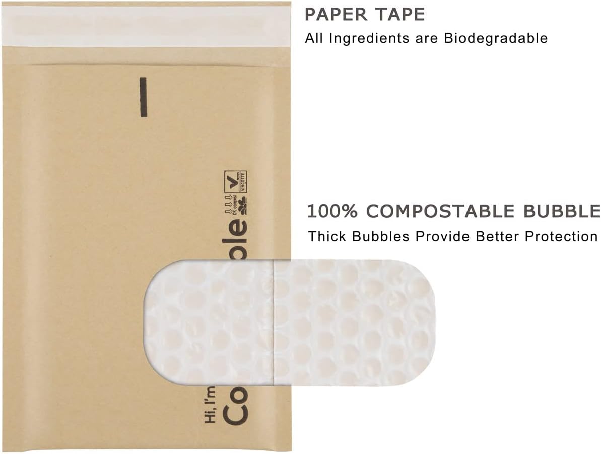 KTOB 6x10 Biodegradable Bubble Mailers #0 – 25 Pack Eco-Friendly Kraft Brown Padded Envelopes, Compostable Self-Seal Shipping Bags for Small Business Packaging