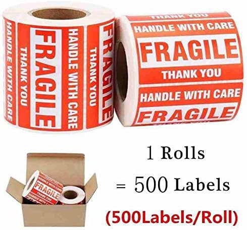 Immuson Fragile Warning Tape Stickers 3" x 2" – Handle with Care Shipping Labels, 500 Labels Per Roll, Strong Adhesive Packaging Stickers for Boxes & Parcels