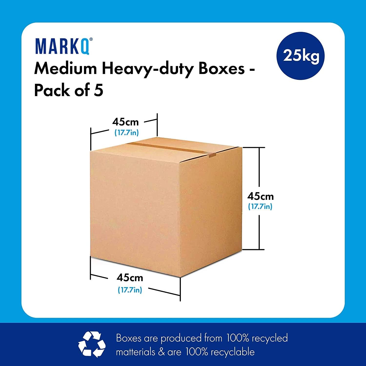 MARKQ 5 Pack Medium Double Wall Corrugated Cardboard Moving Boxes (45x45x45 cm, 25KG Capacity) – 5 Ply Heavy Duty Recyclable Cartons for Packing, Shipping & Storage