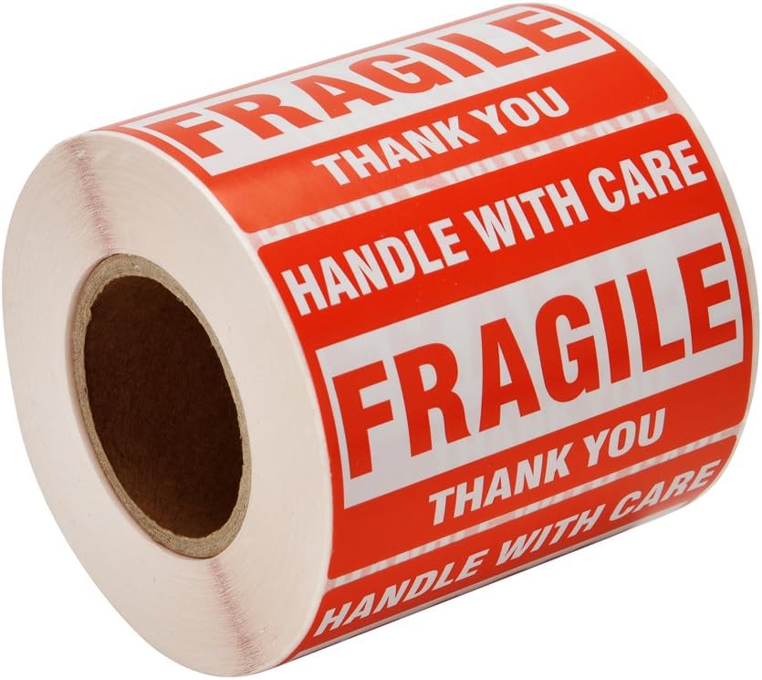 Immuson Fragile Warning Tape Stickers 3" x 2" – Handle with Care Shipping Labels, 500 Labels Per Roll, Strong Adhesive Packaging Stickers for Boxes & Parcels