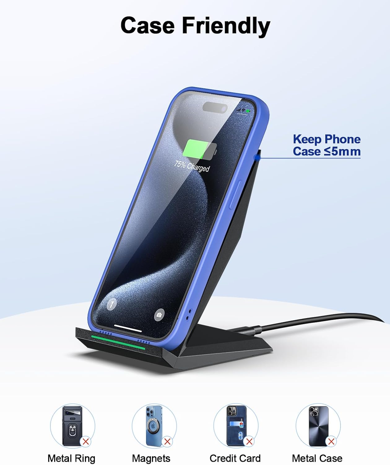 NANAMI Fast Wireless Charging Stand, Qi Certified 15W Wireless Charger for iPhone 17–8 & Samsung Galaxy S25–S21 Ultra, Adjustable Charging Dock for Phones, Black