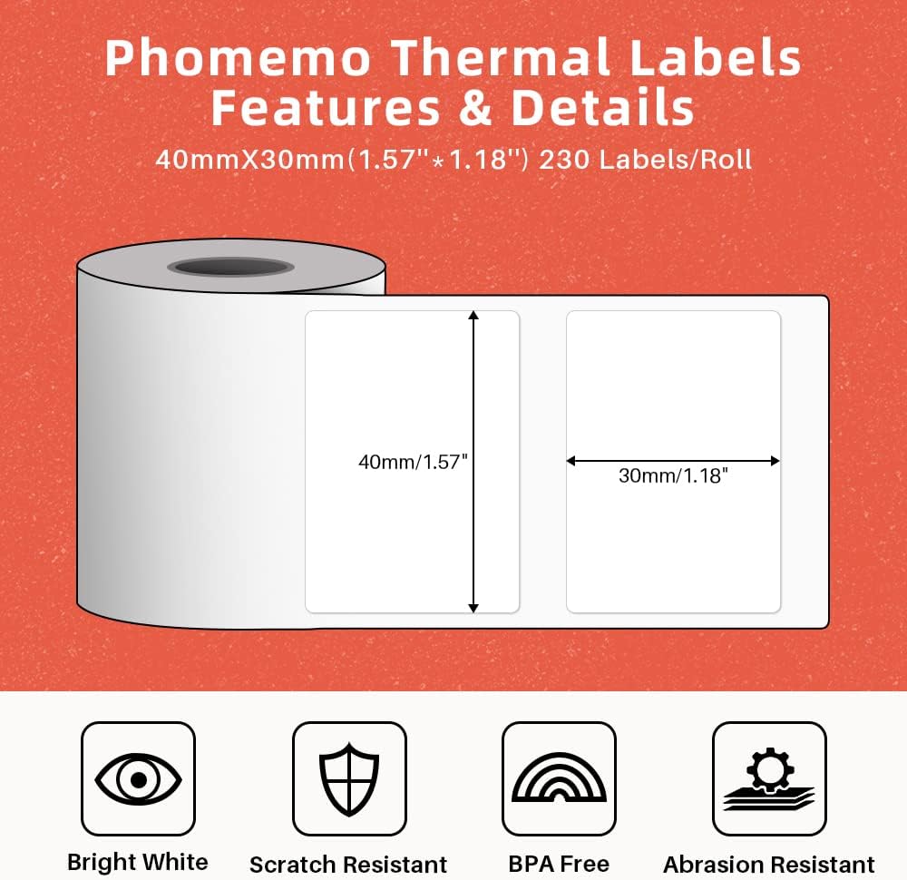 Phomemo Thermal Labels 40x30mm (1.57" x 1.18") – 3 Rolls, 230 Labels/Roll – Compatible with M110/M120/M200/M220/M110S – Barcode, FNSKU, FBA Shipping Labels – Black on White Adhesive Stickers