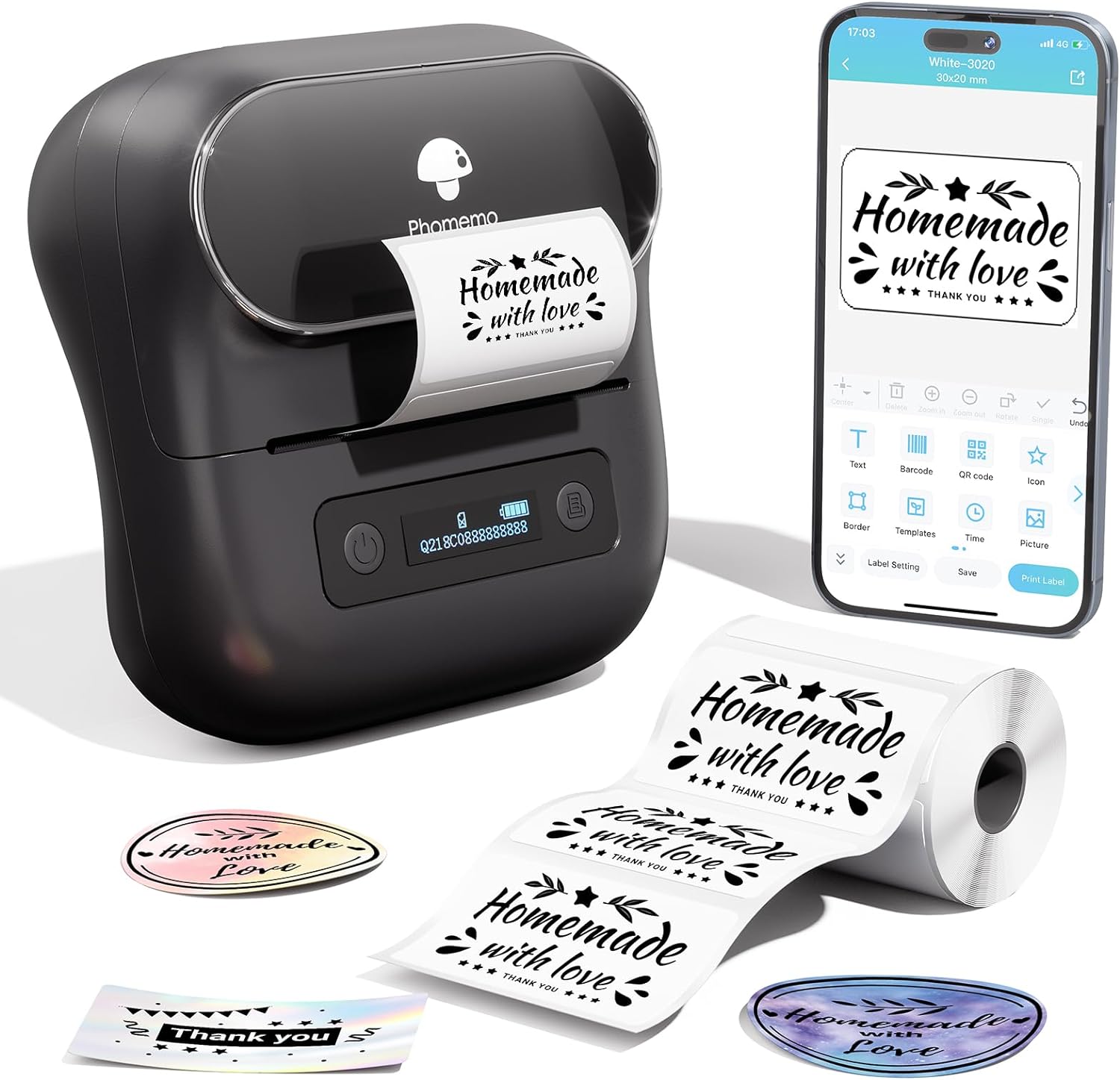 Phomemo M220 Bluetooth Label Maker – 3 Inch Thermal Label Printer for Barcode, Shipping & Clothing Labels | Portable Sticker Printer for Small Business | Compatible with iOS, Android & PC