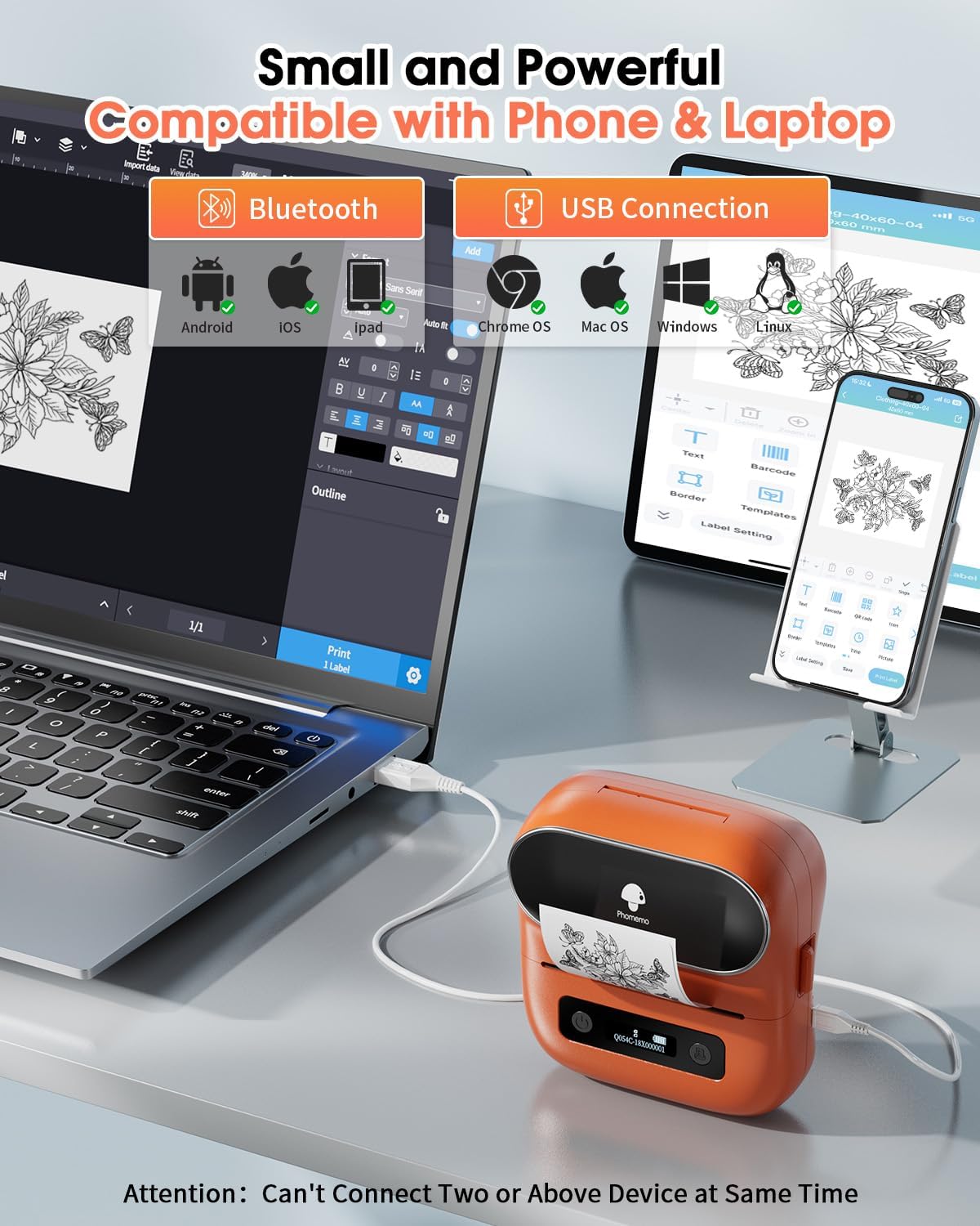 Phomemo M220 Bluetooth Thermal Label Printer 3.14" Portable Barcode & Address Label Maker for Office, Home & Small Business (Compatible with Android, iOS & PC) – Orange