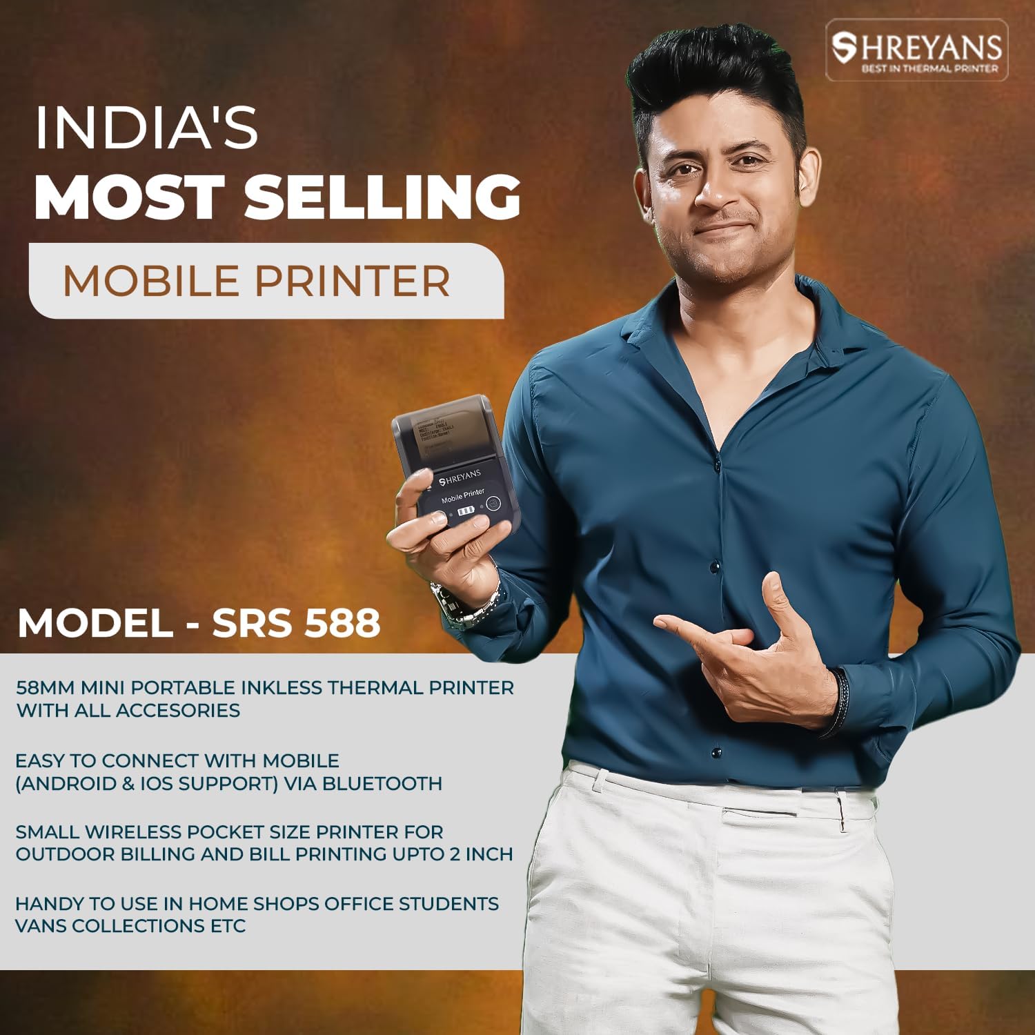 Shreyans SRS58B Thermal Receipt Printer | Portable Bluetooth Mini Printer for POS, Billing & Mobile Use