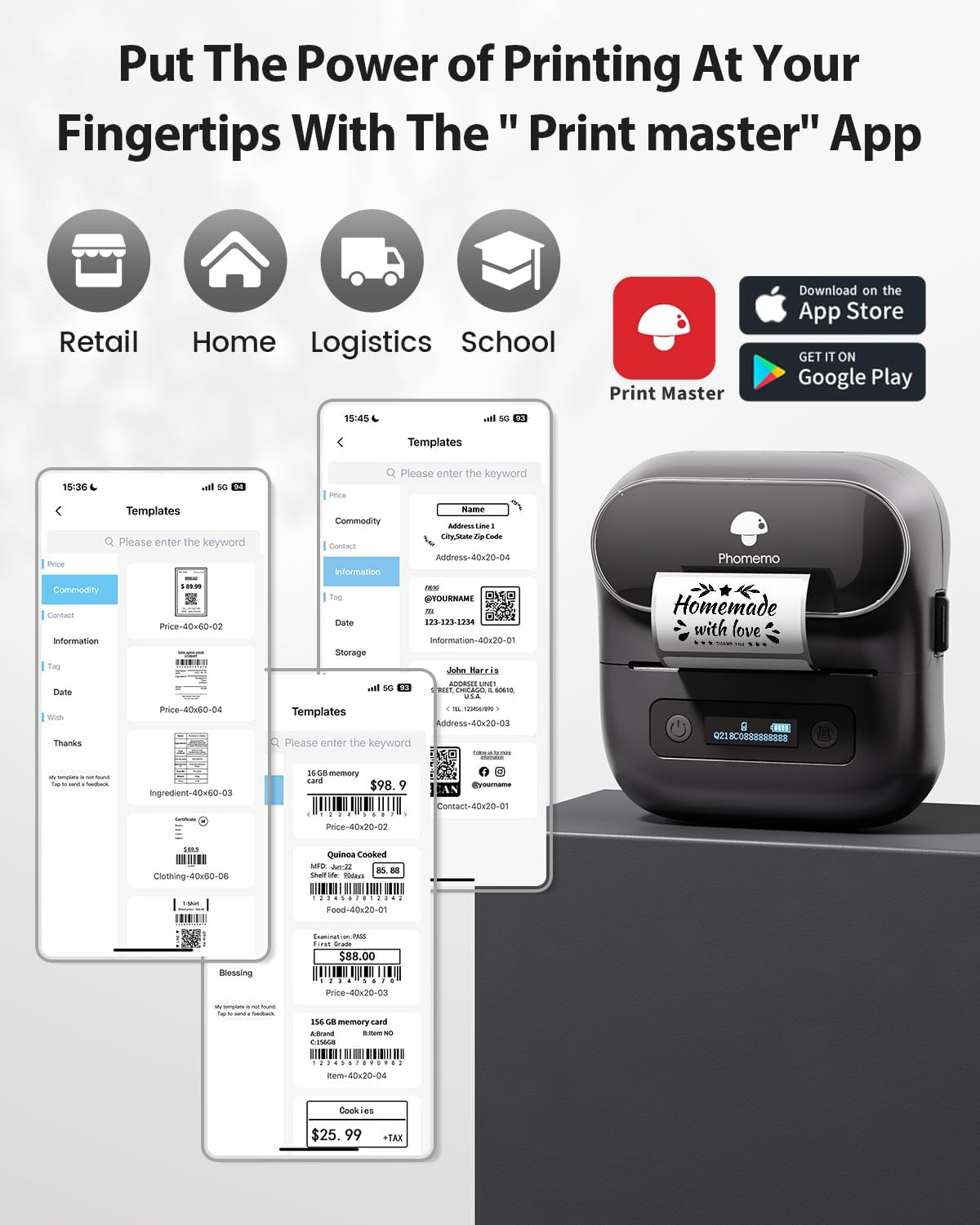 Phomemo M220 Bluetooth Label Maker – 3 Inch Thermal Label Printer for Barcode, Shipping & Clothing Labels | Portable Sticker Printer for Small Business | Compatible with iOS, Android & PC
