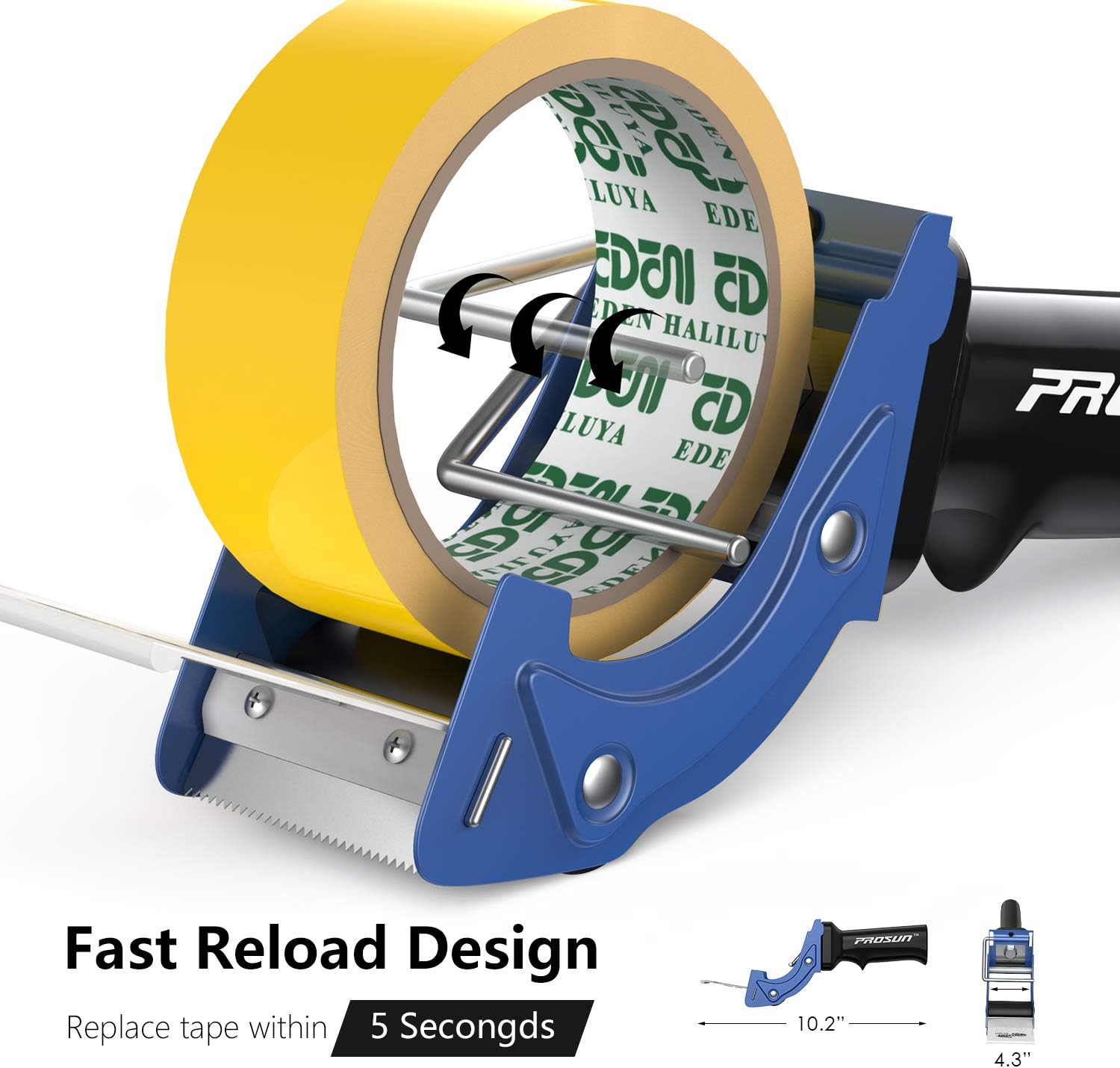 Fast Reload 2-Inch Tape Gun Dispenser with Cutter – Heavy Duty Packing Tape Dispenser for Packaging, Sealing & Shipping Boxes (Blue)