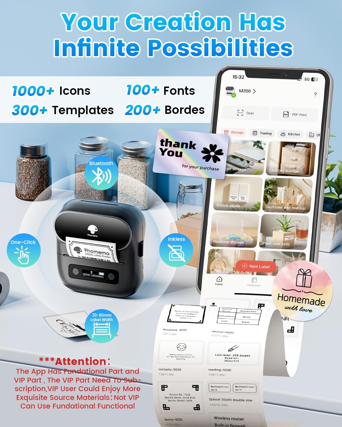 Phomemo M220 Bluetooth Thermal Label Maker – Portable Barcode & Sticker Printer for Small Business, Compatible with Android & iOS, Includes 3 Label Rolls & Carry Case