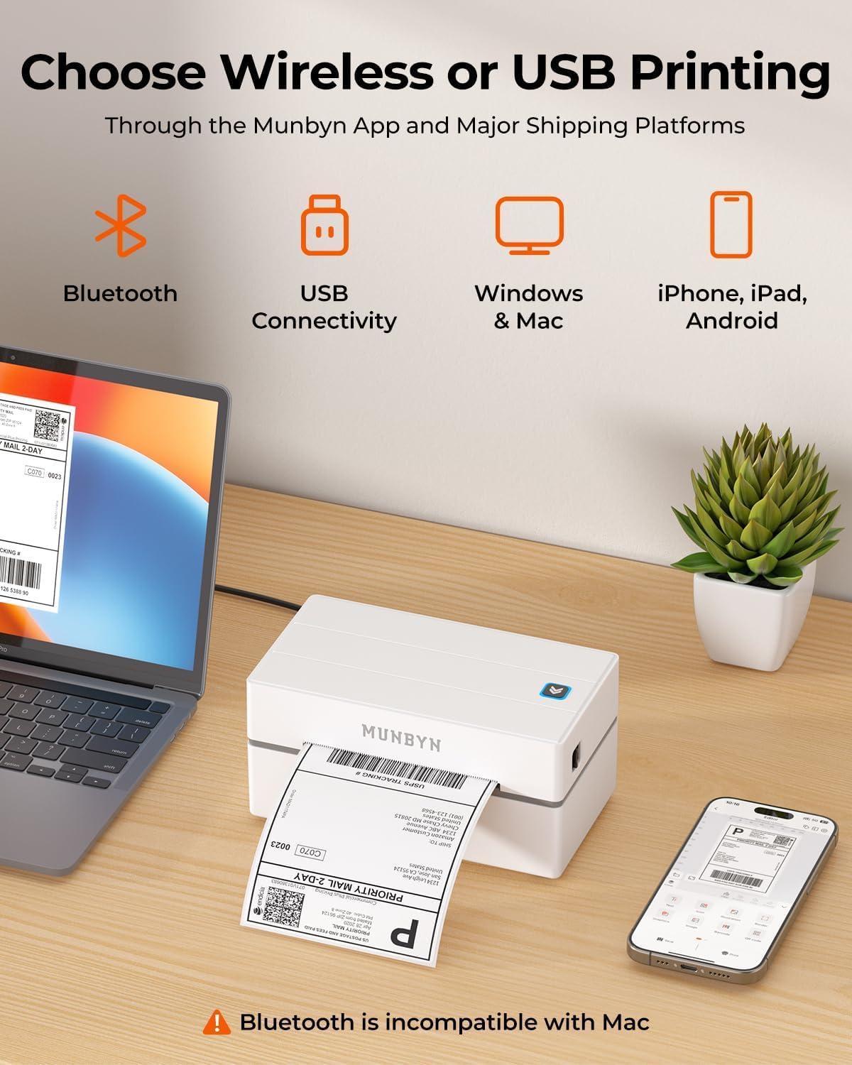 MUNBYN Bluetooth Thermal Label Printer 130B – 4x6 Wireless Shipping Label Printer for Small Business, Compatible with iPhone, Android, iPad, Windows, macOS & Chrome for Etsy, eBay, USPS