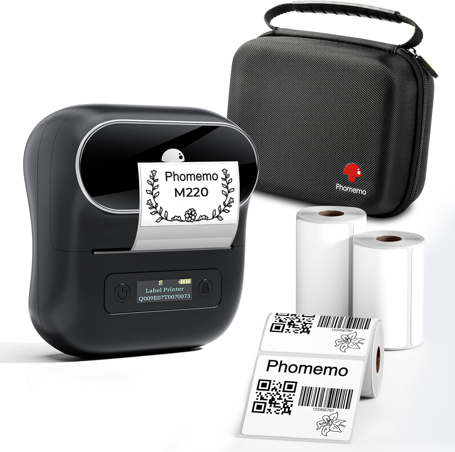 Phomemo M220 Bluetooth Thermal Label Maker – Portable Barcode & Sticker Printer for Small Business, Compatible with Android & iOS, Includes 3 Label Rolls & Carry Case