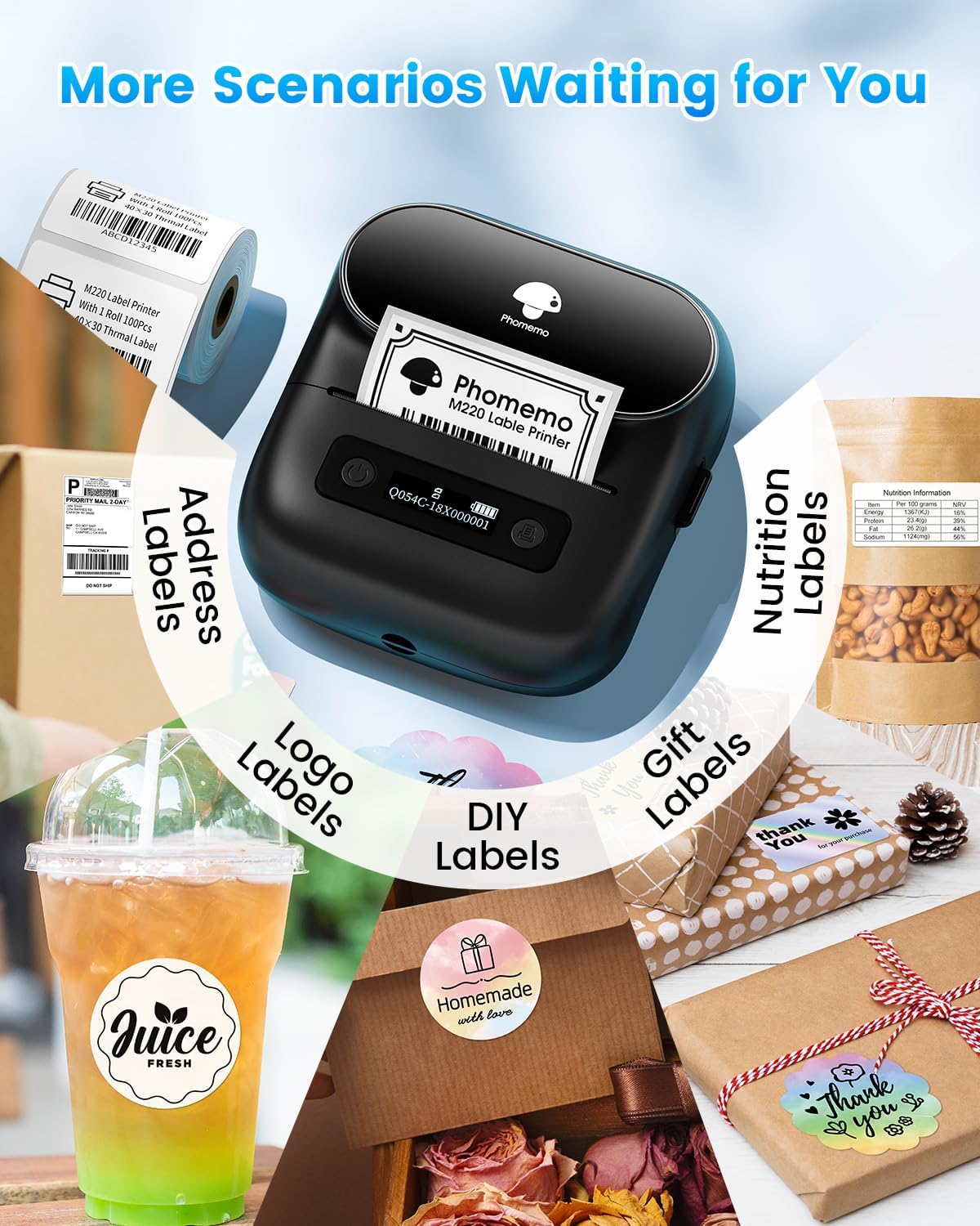 Phomemo M220 Bluetooth Thermal Label Maker – Portable Barcode & Sticker Printer for Small Business, Compatible with Android & iOS, Includes 3 Label Rolls & Carry Case