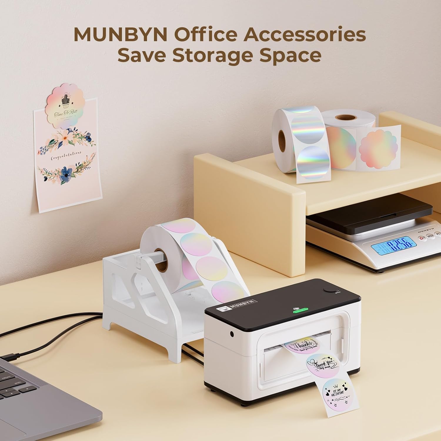MUNBYN Label Holder for Thermal Printers – Compatible with Roll & Fan-Fold Labels, Desktop Sticker Roll Stand for Shipping, Warehouse & Office Use (White)