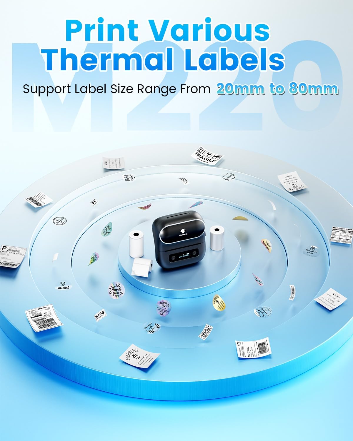 Phomemo M220 Bluetooth Thermal Label Maker – Portable Barcode & Sticker Printer for Small Business, Compatible with Android & iOS, Includes 3 Label Rolls & Carry Case