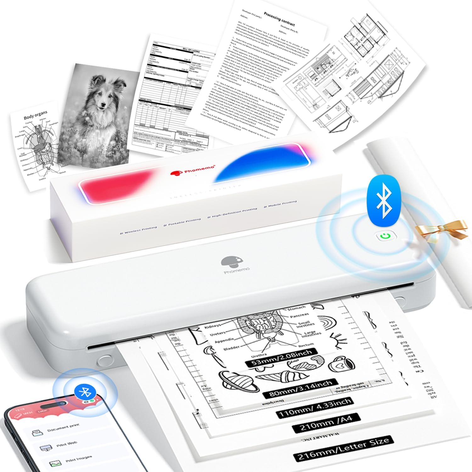 Phomemo M834 Portable Inkless Thermal Printer (Upgraded) – 300 DPI Wireless Mini Printer, Bluetooth Compatible with iOS, Android & PC, Multi-Size Paper Support for Travel, Office & School