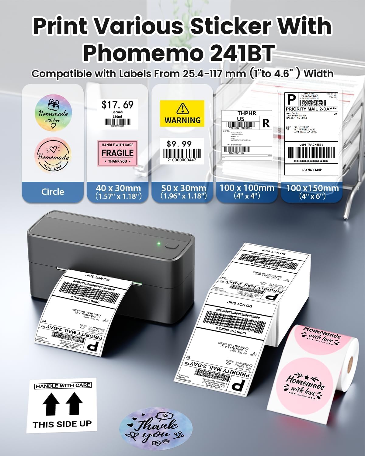 Phomemo 241BT Bluetooth Thermal Label Printer 4x6 Shipping Label Maker for Small Business, Wireless Label Printer Compatible with iPhone, Android, Amazon, Shopify, USPS – Gray