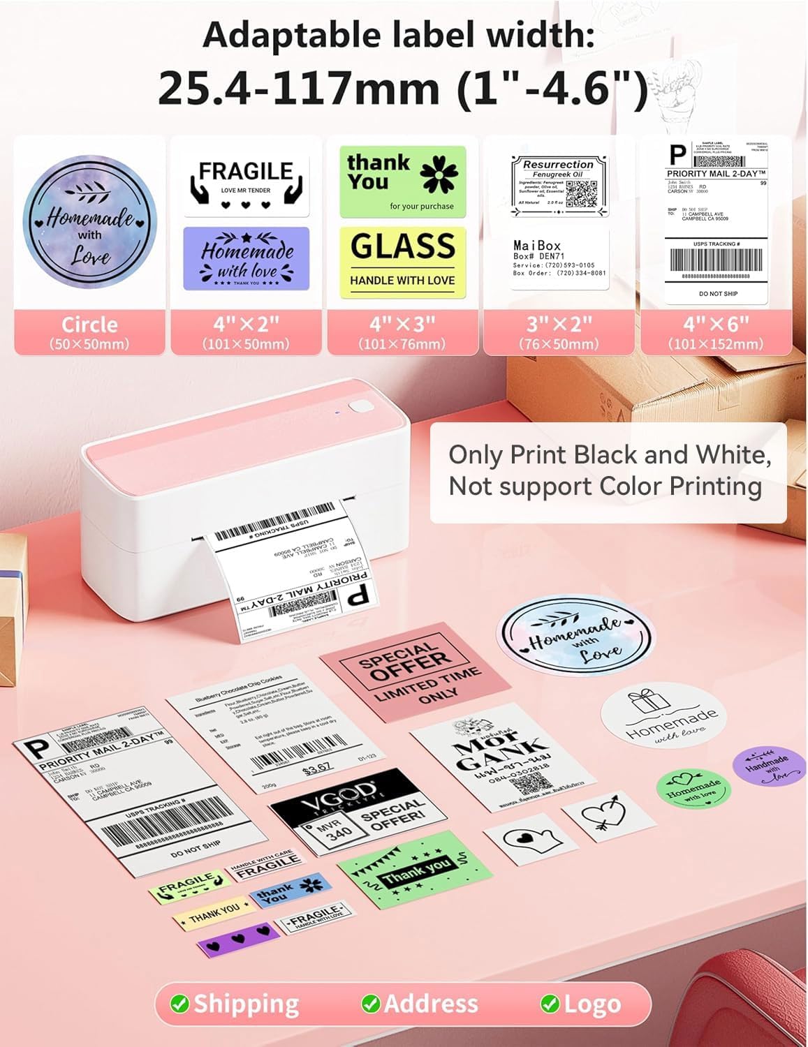 Phomemo 241BT Bluetooth Thermal Label Printer 4x6 – Wireless Shipping Label Maker for Small Business, Compatible with iPhone & Android, Works with Amazon, Shopify, USPS – Pink