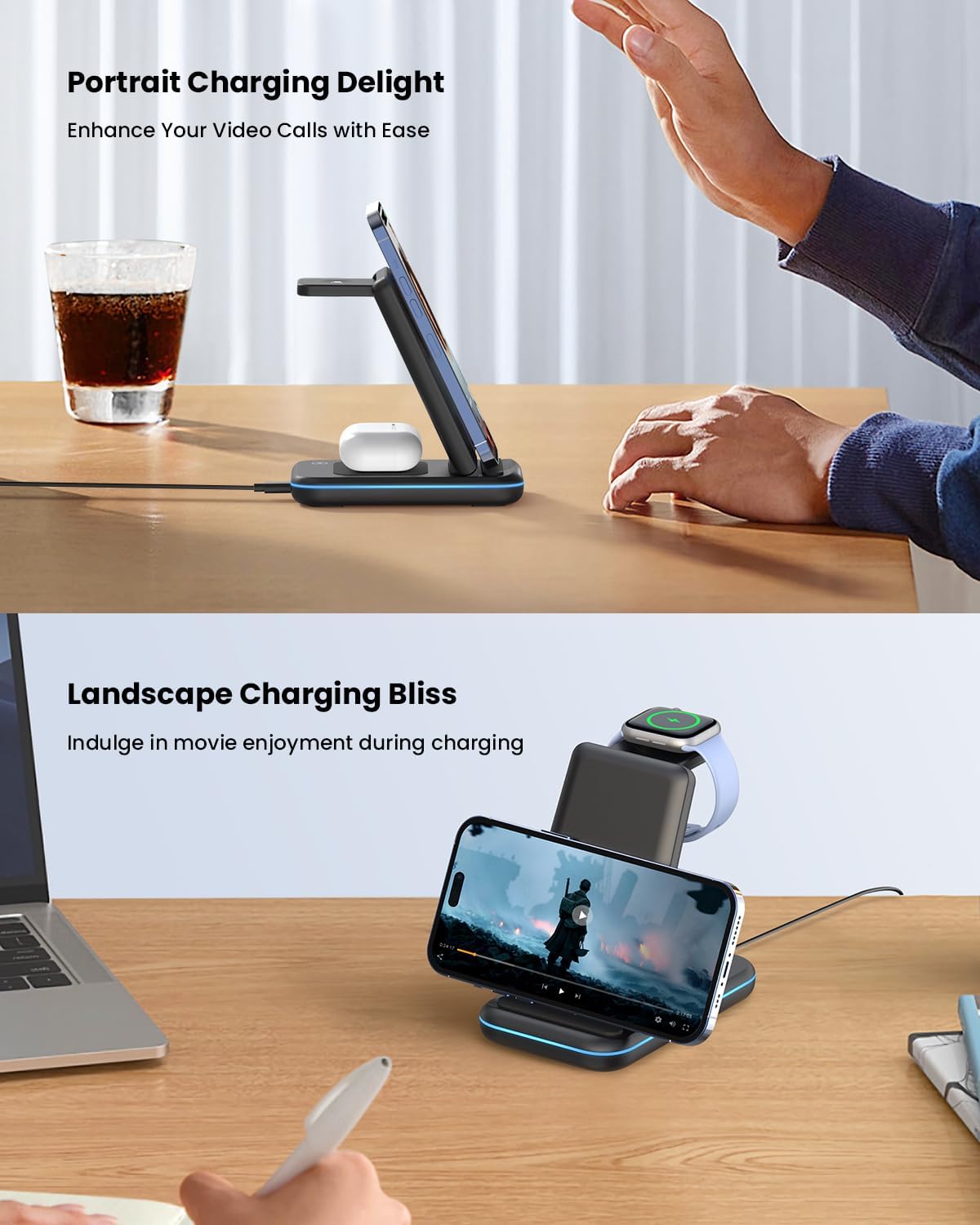 GEEKERA 3 in 1 Wireless Charging Station Foldable Fast Charging Stand for Apple iPhone 16/15/14/13/12, Apple Watch Ultra, and AirPods Pro – Portable MagSafe Compatible Charging Dock for Travel & Home