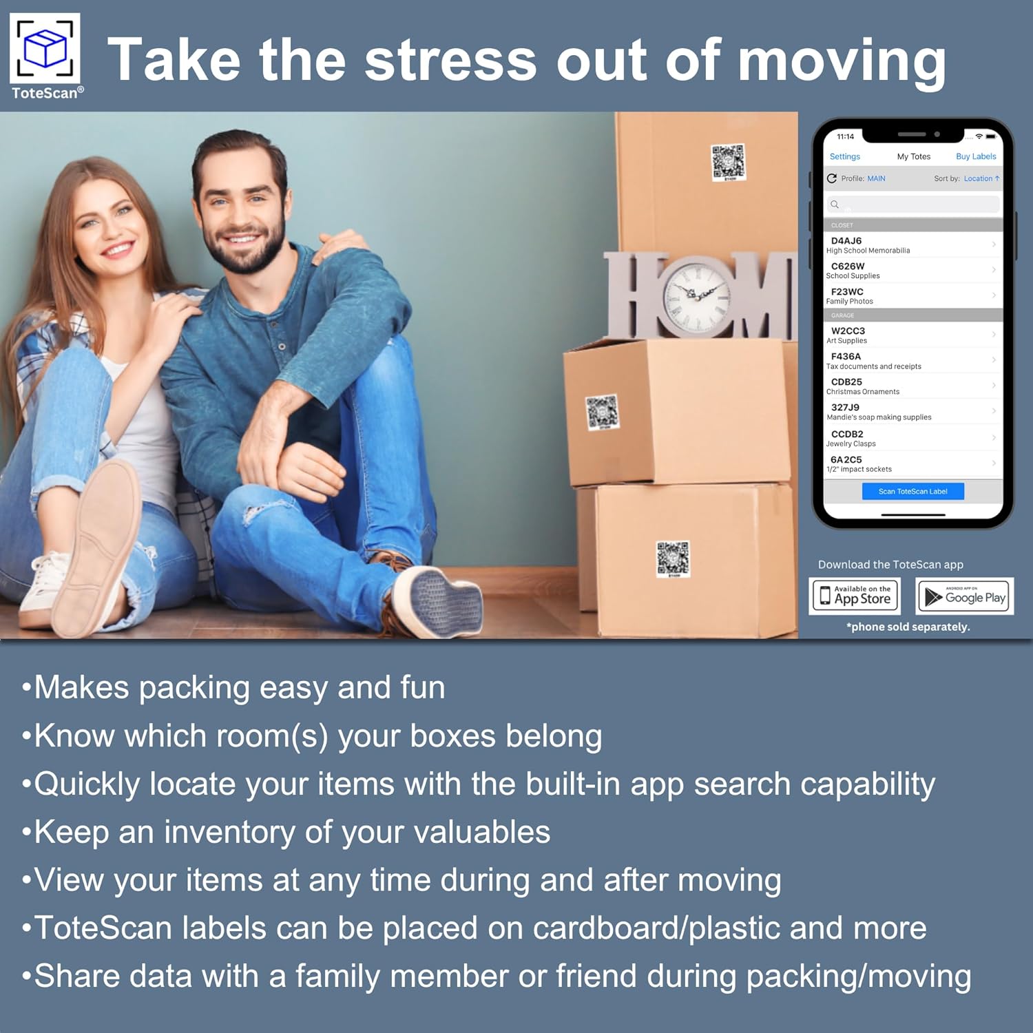 ToteScan Intelligent QR Code Labels for Storage & Moving – 45 Unique Smart Labels, 2.5" x 3" – Scan & Track Boxes Easily for Home Organization & Inventory Management