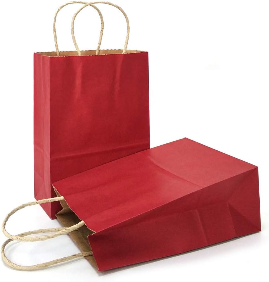 SHOWAY 12PCS Red Kraft Paper Gift Bags with Handles – Eco-Friendly Reusable Shopping Bags, 21x15x8 cm Bulk Retail Party Favor Bags