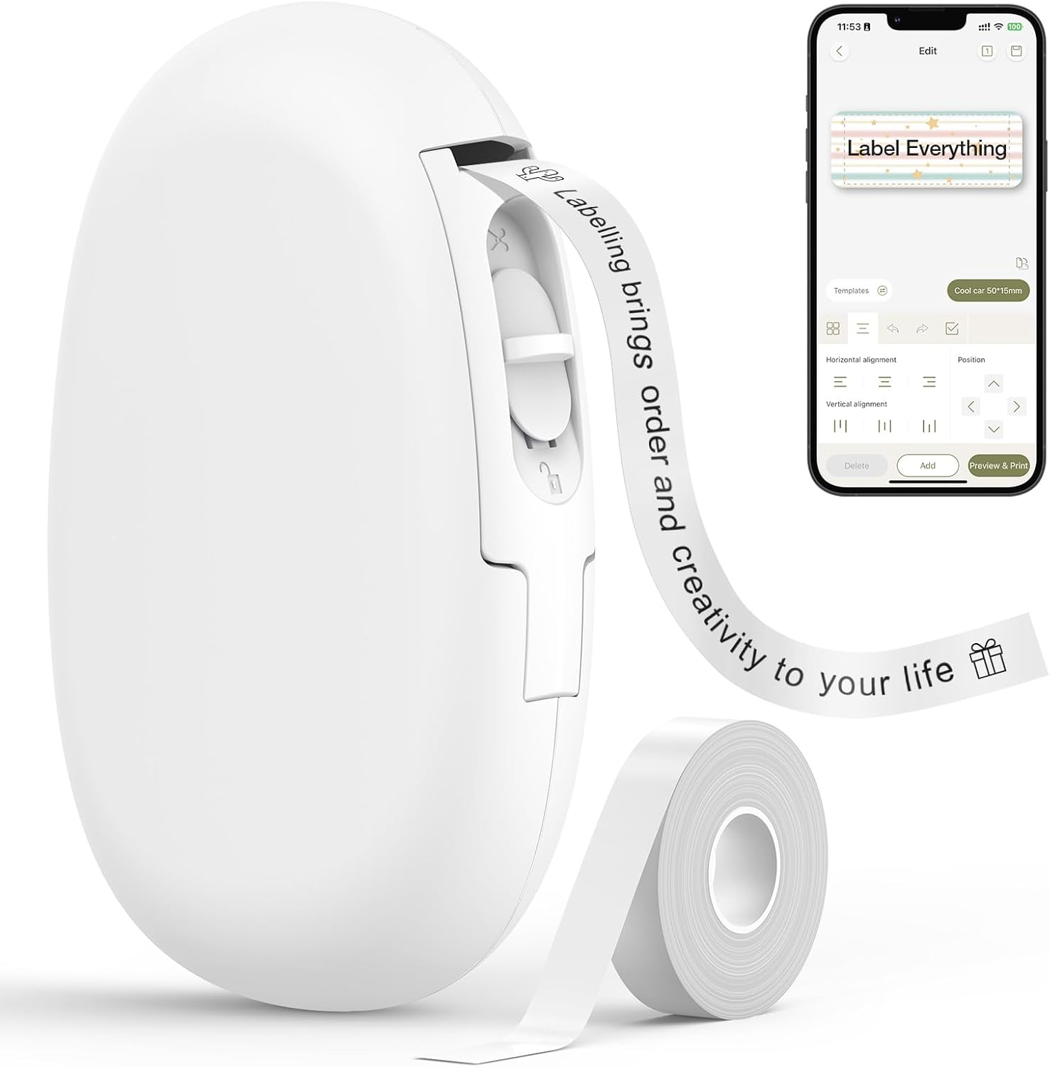 SUPVAN E10 Bluetooth Label Maker Machine – Portable Inkless Thermal Label Printer with Waterproof Continuous Labels, 35 Fonts & 1000+ Icons, Wireless Sticker Printer for Home, Office & School (White).