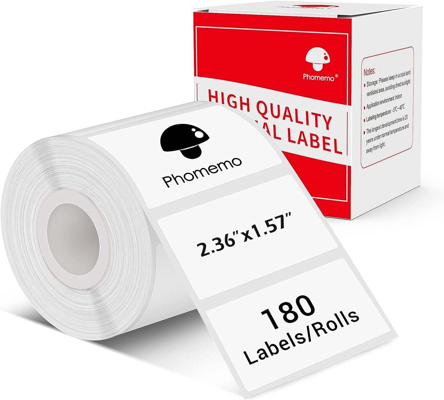 Phomemo 60x40mm Thermal Labels (2.36"x1.57") – Compatible with M110, M221, M220, M150, M120 Label Printers – Self-Adhesive Barcode, Address & Shipping Stickers – Black on White, 180 Labels/Roll