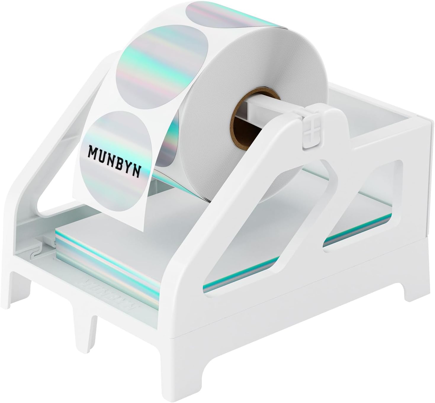 MUNBYN Label Holder for Thermal Printers – Compatible with Roll & Fan-Fold Labels, Desktop Sticker Roll Stand for Shipping, Warehouse & Office Use (White)