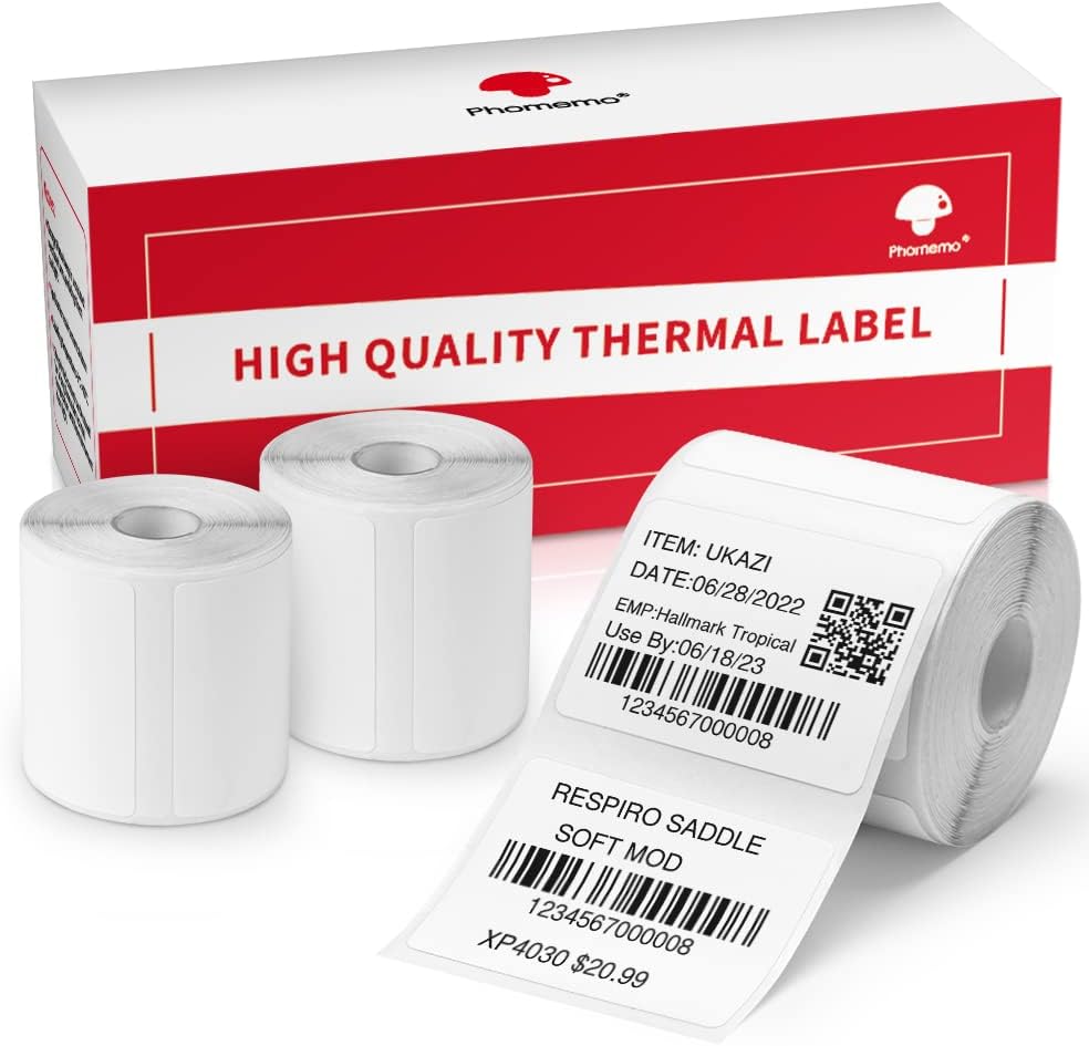 Phomemo Thermal Labels 40x30mm (1.57" x 1.18") – 3 Rolls, 230 Labels/Roll – Compatible with M110/M120/M200/M220/M110S – Barcode, FNSKU, FBA Shipping Labels – Black on White Adhesive Stickers