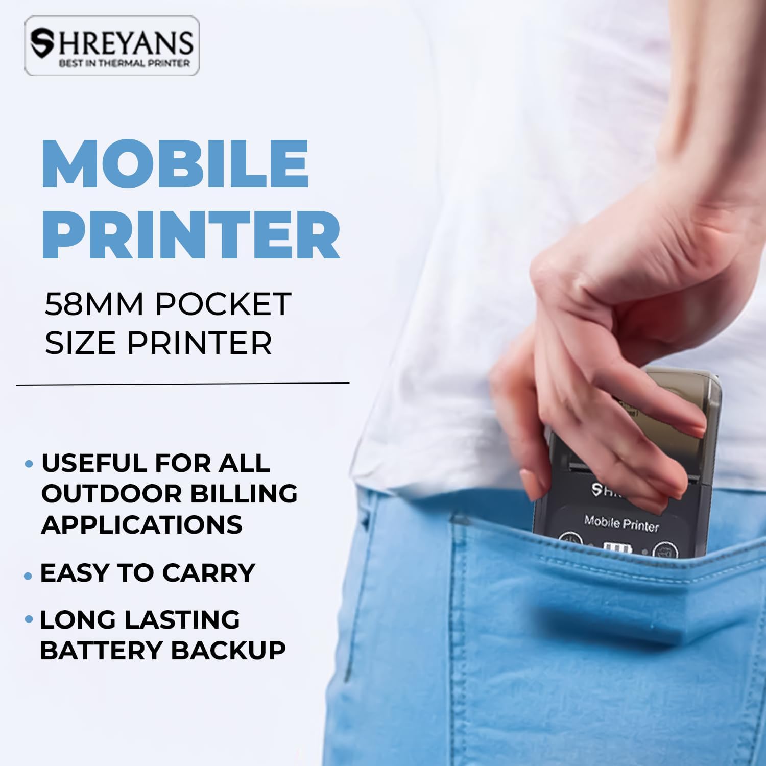 Shreyans SRS58B Thermal Receipt Printer | Portable Bluetooth Mini Printer for POS, Billing & Mobile Use