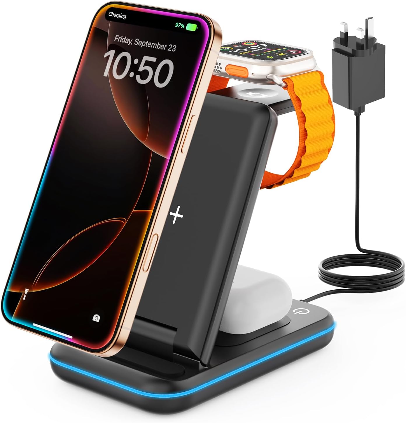 GEEKERA 3 in 1 Wireless Charging Station Foldable Fast Charging Stand for Apple iPhone 16/15/14/13/12, Apple Watch Ultra, and AirPods Pro – Portable MagSafe Compatible Charging Dock for Travel & Home