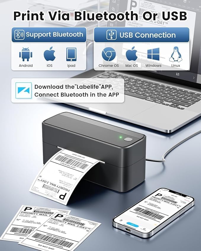 Phomemo 241BT Bluetooth Thermal Label Printer 4x6 Shipping Label Maker for Small Business, Wireless Label Printer Compatible with iPhone, Android, Amazon, Shopify, USPS – Gray
