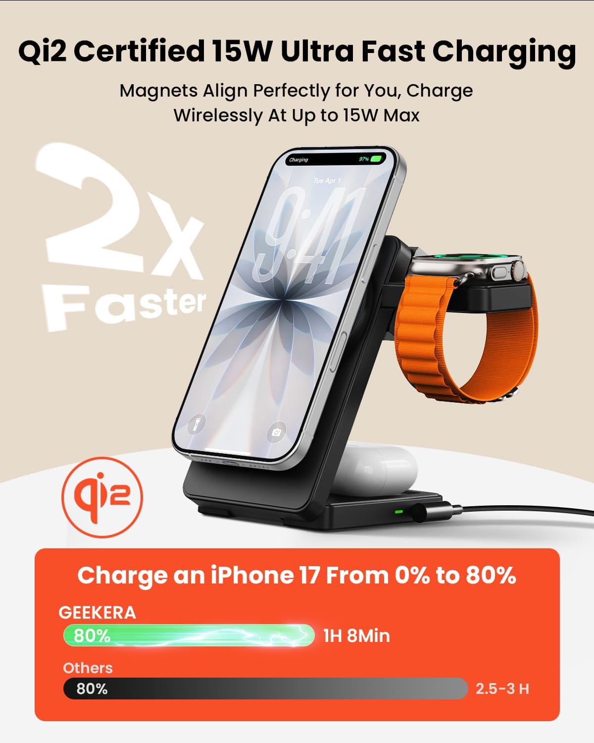 GEEKERA Qi2 15W 3 in 1 Magnetic Wireless Charging Station – Fast Foldable Travel Charger Stand for iPhone 17/16/15/14/13/12, Apple Watch & AirPods