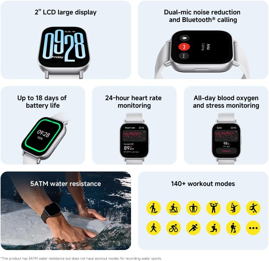 Xiaomi Redmi Watch 5 Active Smartwatch 2.0" LCD Display, Bluetooth Calling, 18 Days Battery, 5ATM Waterproof, Health & Fitness Tracker – Midnight Black