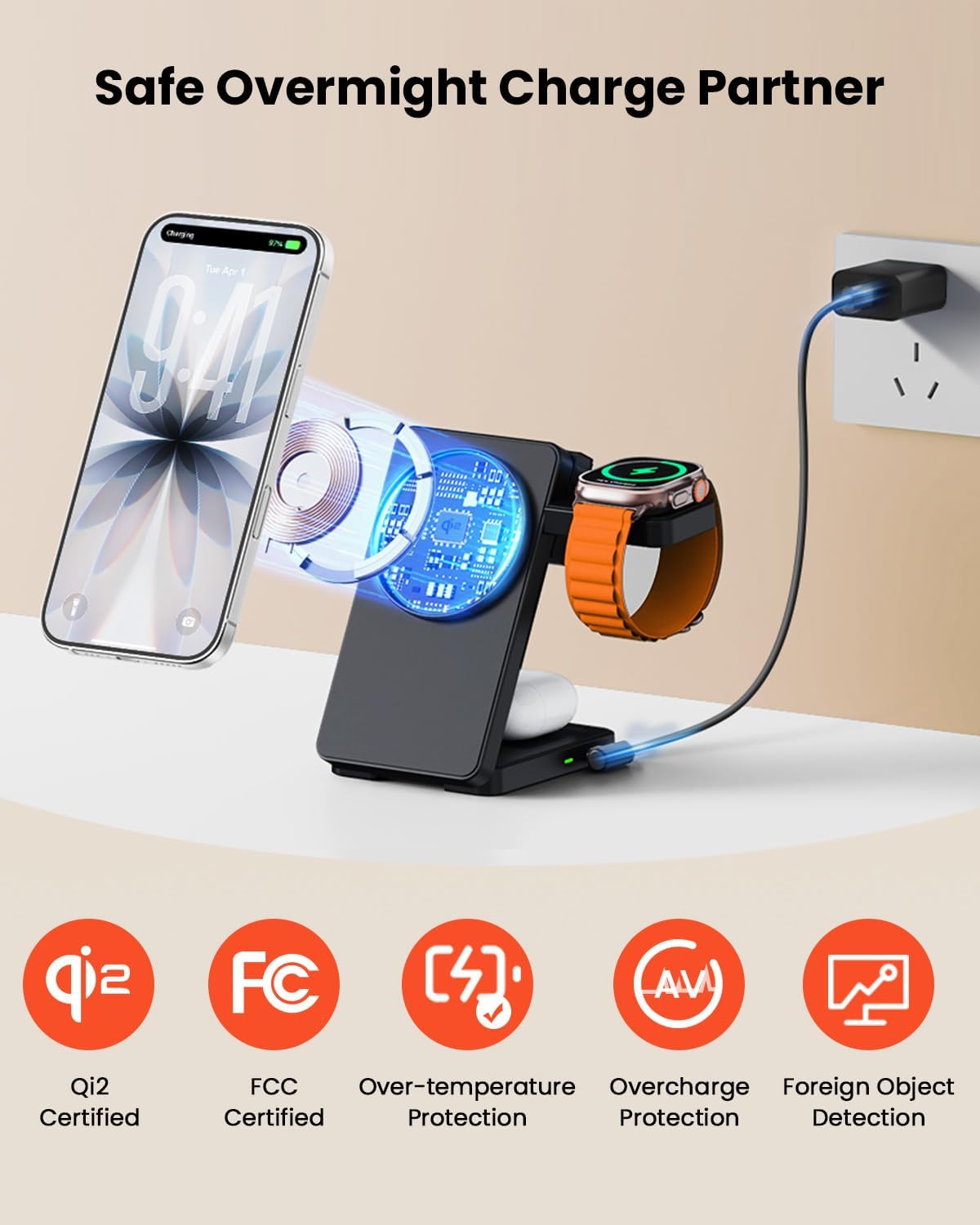 GEEKERA Qi2 15W 3 in 1 Magnetic Wireless Charging Station – Fast Foldable Travel Charger Stand for iPhone 17/16/15/14/13/12, Apple Watch & AirPods