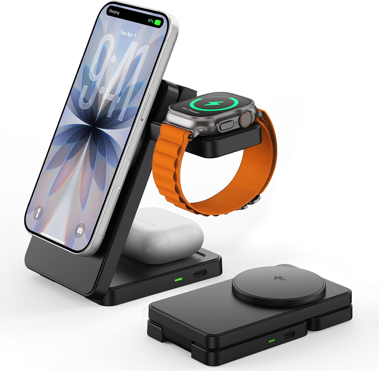 GEEKERA Qi2 15W 3 in 1 Magnetic Wireless Charging Station – Fast Foldable Travel Charger Stand for iPhone 17/16/15/14/13/12, Apple Watch & AirPods