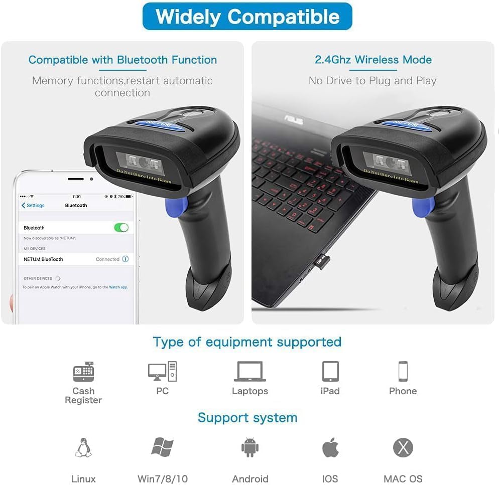 NETUM NT-1228BC CCD 1D Barcode Scanner – Bluetooth, 2.4GHz Wireless & USB Wired Barcode Reader for POS, Retail & Inventory Management