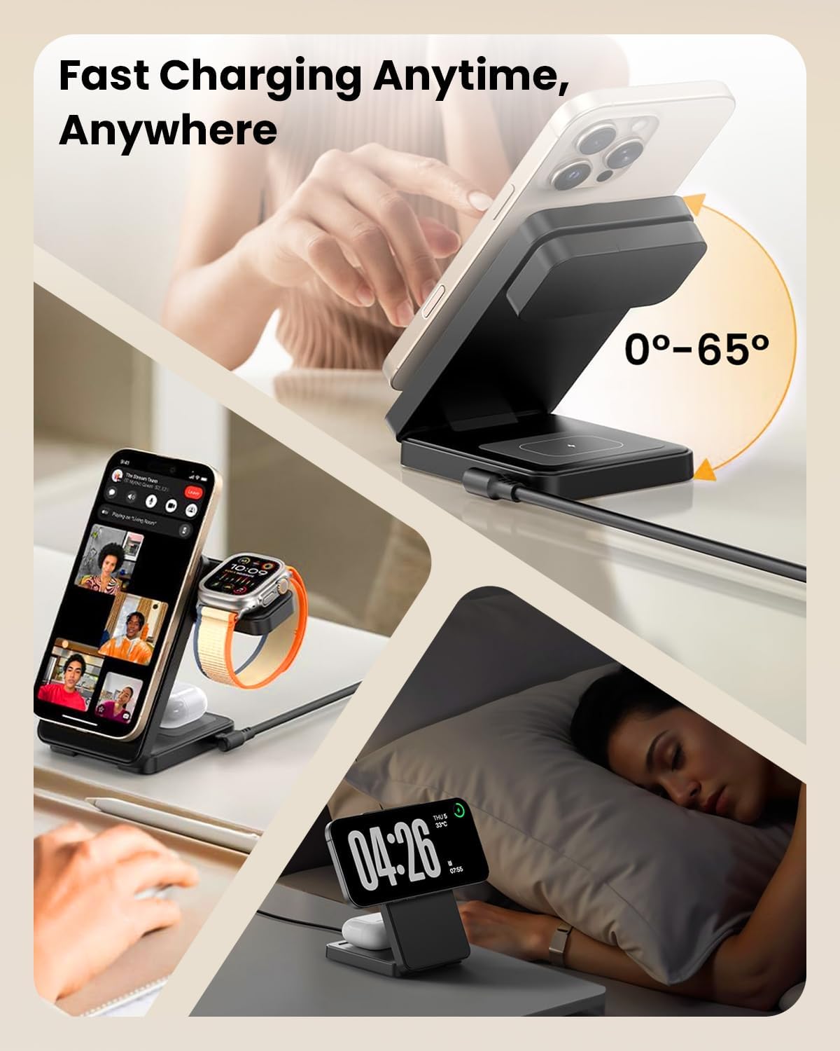 GEEKERA Qi2 15W 3 in 1 Magnetic Wireless Charging Station – Fast Foldable Travel Charger Stand for iPhone 17/16/15/14/13/12, Apple Watch & AirPods