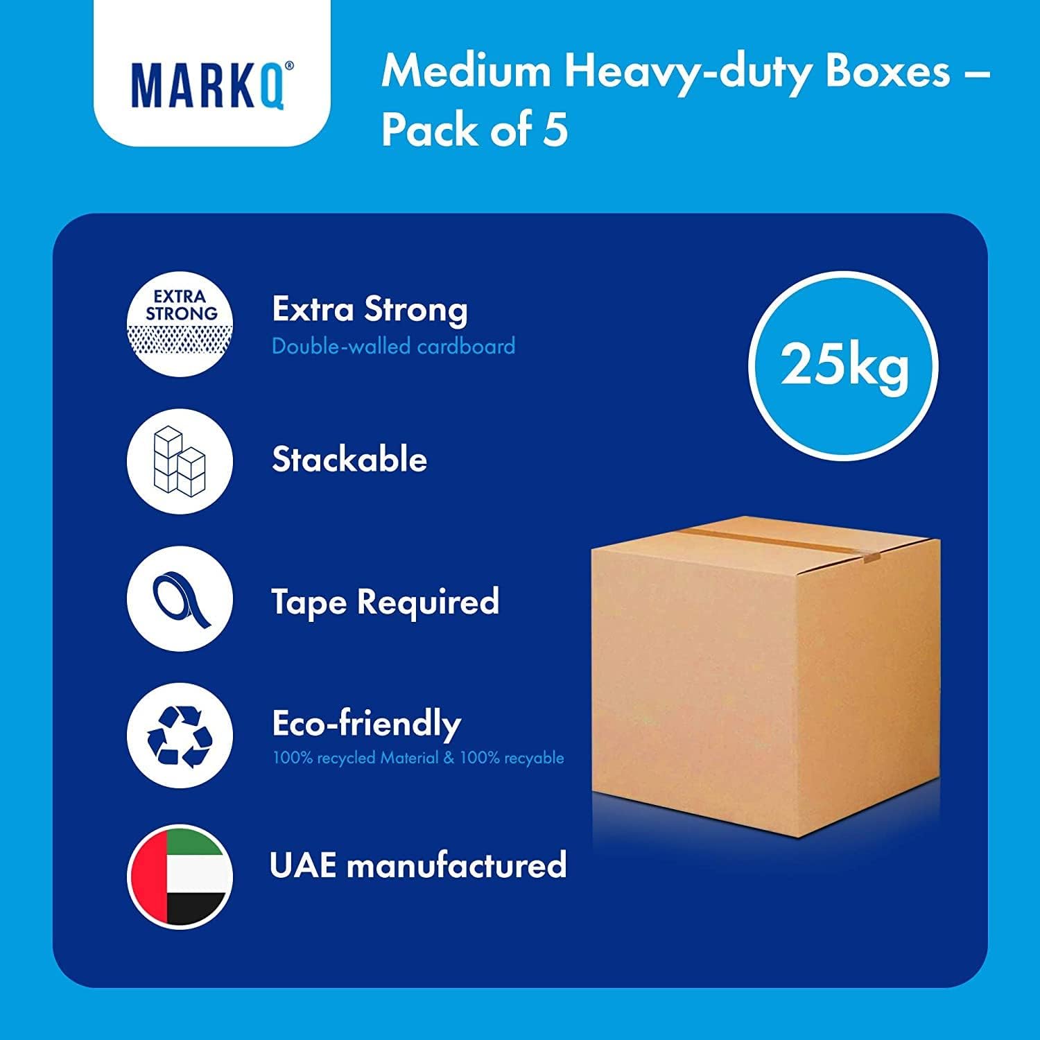 MARKQ 5 Pack Medium Double Wall Corrugated Cardboard Moving Boxes (45x45x45 cm, 25KG Capacity) – 5 Ply Heavy Duty Recyclable Cartons for Packing, Shipping & Storage