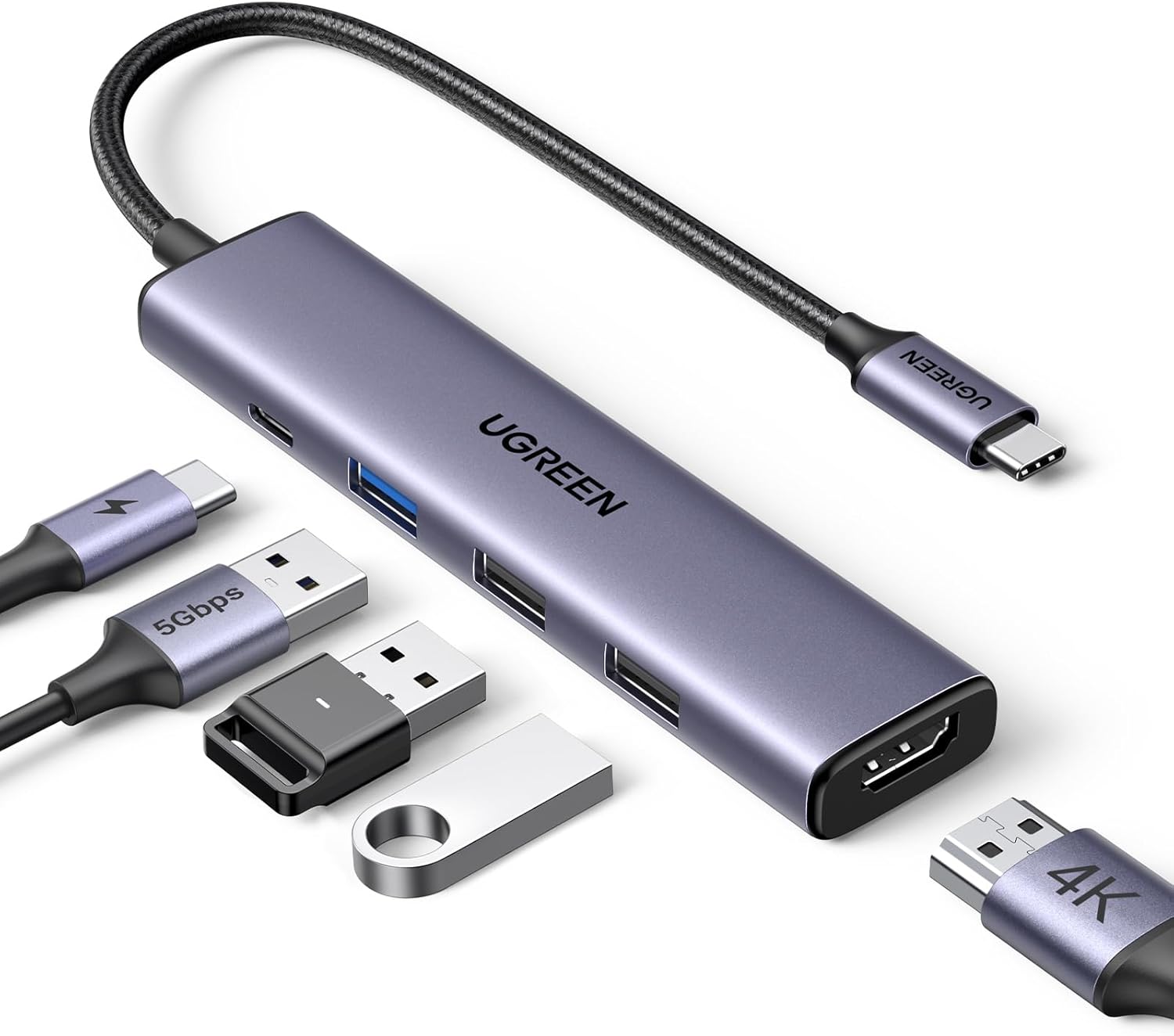 UGREEN Revodok USB C Hub, 6-in-1 Multiport Adapter with 100W PD Charging, 4K HDMI 30Hz, 3 USB-A Data Ports, Braided Type-C Hub for MacBook, iPad, Windows, iPhone 17, Tablet, Monitor & Projector