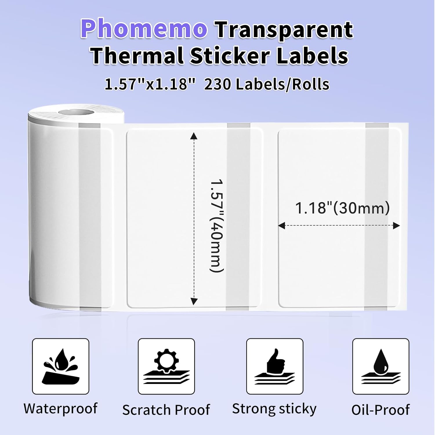 Phomemo Transparent Thermal Labels 3 Rolls 1.57" x 1.18" (40x30mm) – Clear Self-Adhesive Sticker Paper for M220/M110/M120/M221/M200 Label Maker, Barcode, Price Tags & Packaging Labels