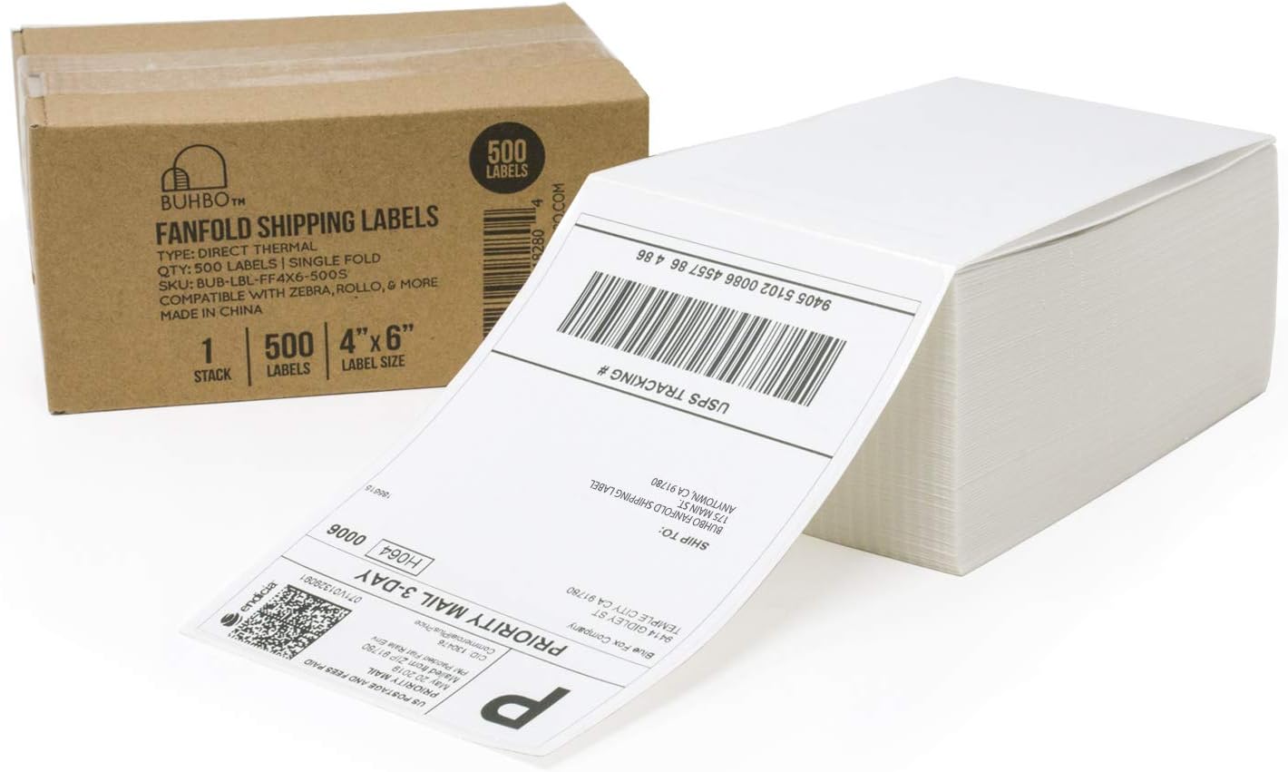 Buhbo 4" x 6" Direct Thermal Shipping Labels – 500 Fanfold Labels, Commercial Grade White, Rollo & Zebra Compatible, Perforated Mailing Labels for eCommerce & Small Business