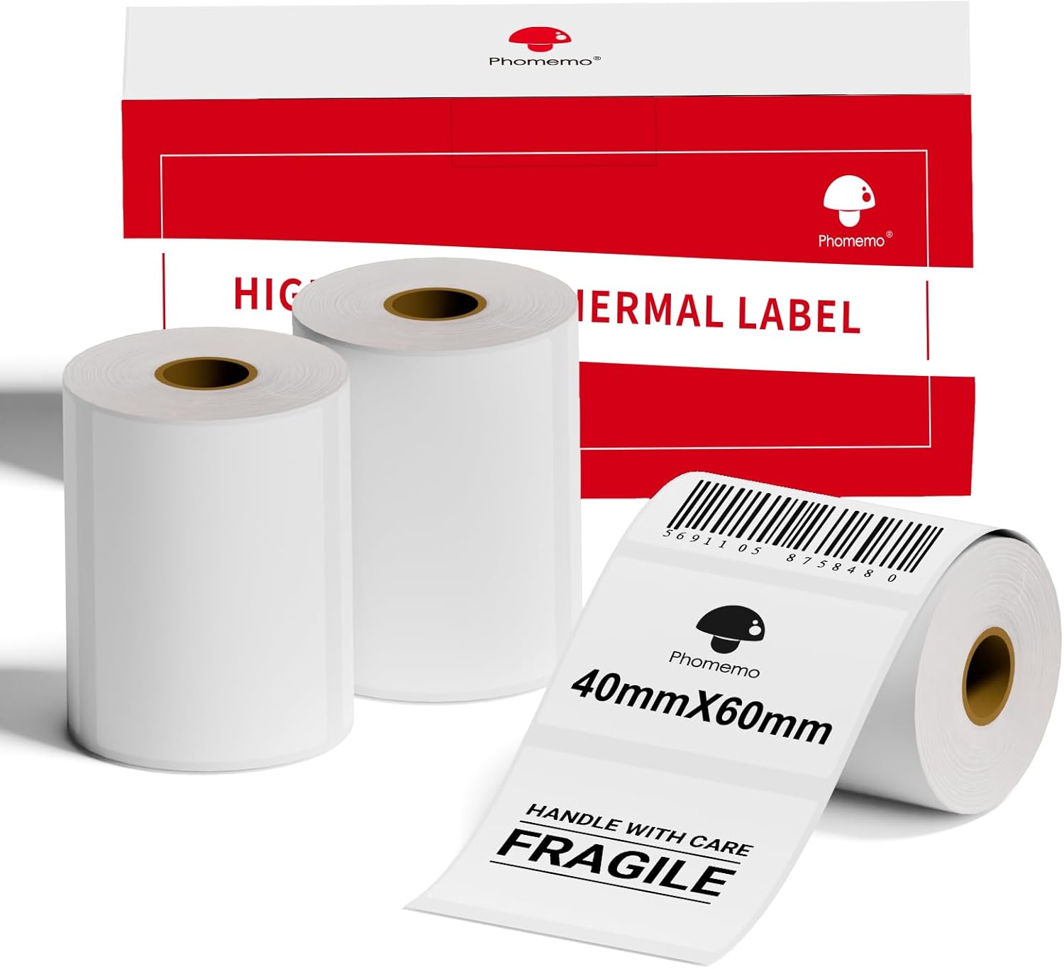 Phomemo 3 Rolls Multi-Purpose Thermal Labels 40x60mm (1.57"x2.36") – Black on White Self-Adhesive Sticker Labels for M110, M220, M221, M150, M120 – 130 Labels/Roll for Barcode, Retail, Mailing & Clothing
