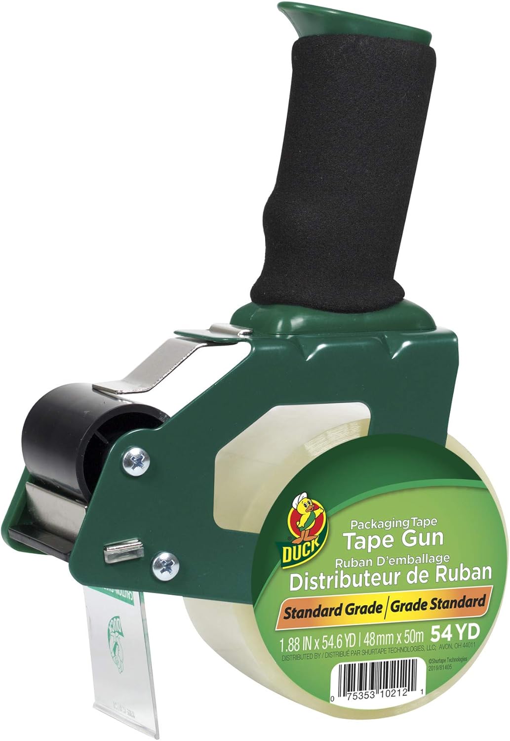 Duck Brand Handled Packing Tape Gun with Clear Tape, 1.88" x 54.6 Yards – Heavy Duty Dispenser for Shipping, Moving & Packaging (Model 669332)