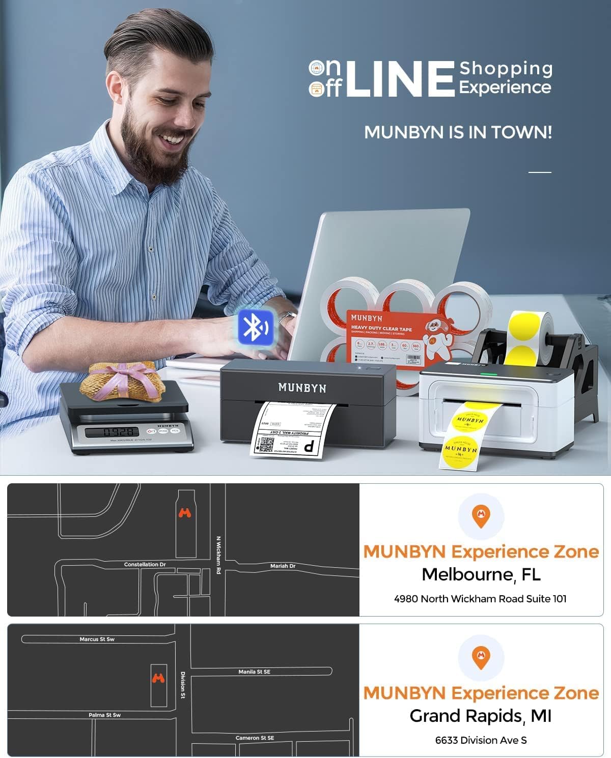 MUNBYN Thermal Label Printer Wireless – High-Speed 4x6 Shipping Label Printer for Shopify, Amazon, eBay, Etsy | Bluetooth & USB Portable Barcode Printer (White).