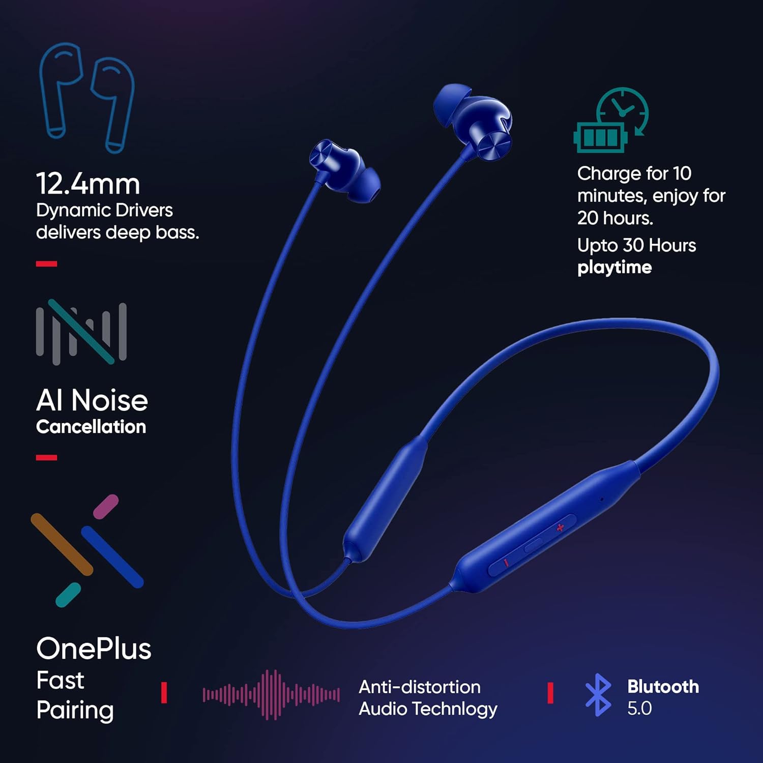 OnePlus Bullets Wireless Z2 Bluetooth Earphones (Beam Blue) – 12.4mm Drivers, Deep Bass, 30H Battery, Fast Charge, IP55 Sweat Resistant Neckband