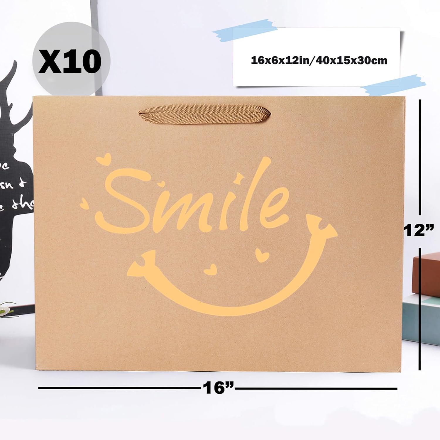 SHIPKEY Extra Large Kraft Paper Gift Bags with Handles (10 Pack, 16x6x12 Inch) – Durable Brown Shopping Bags, Eco-Friendly Retail & Party Packaging Bags