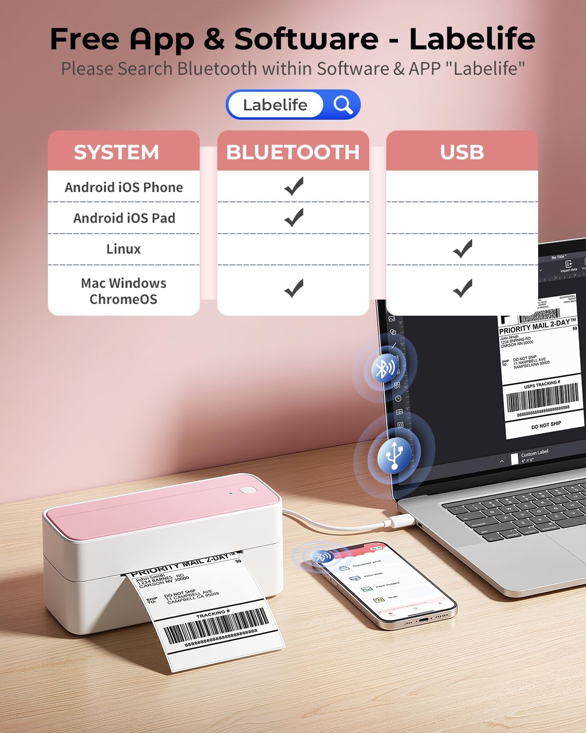 Phomemo 241BT Bluetooth Thermal Label Printer 4x6 – Wireless Shipping Label Maker for Small Business, Compatible with iPhone & Android, Works with Amazon, Shopify, USPS – Pink