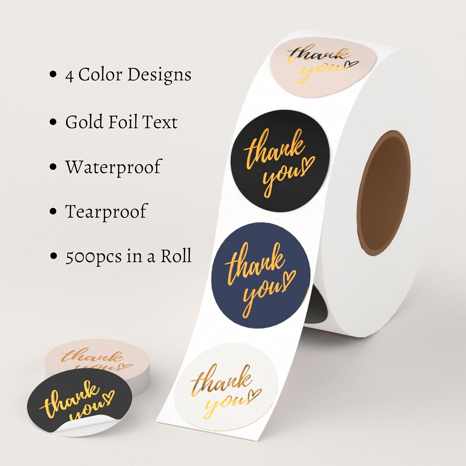 BPA Mobiusea Thank You Stickers Roll 500 Labels – 1.5" Waterproof Gold Foil Stickers for Small Business Packaging, Mailers & Gift Wrapping, 4 Classic Colors.