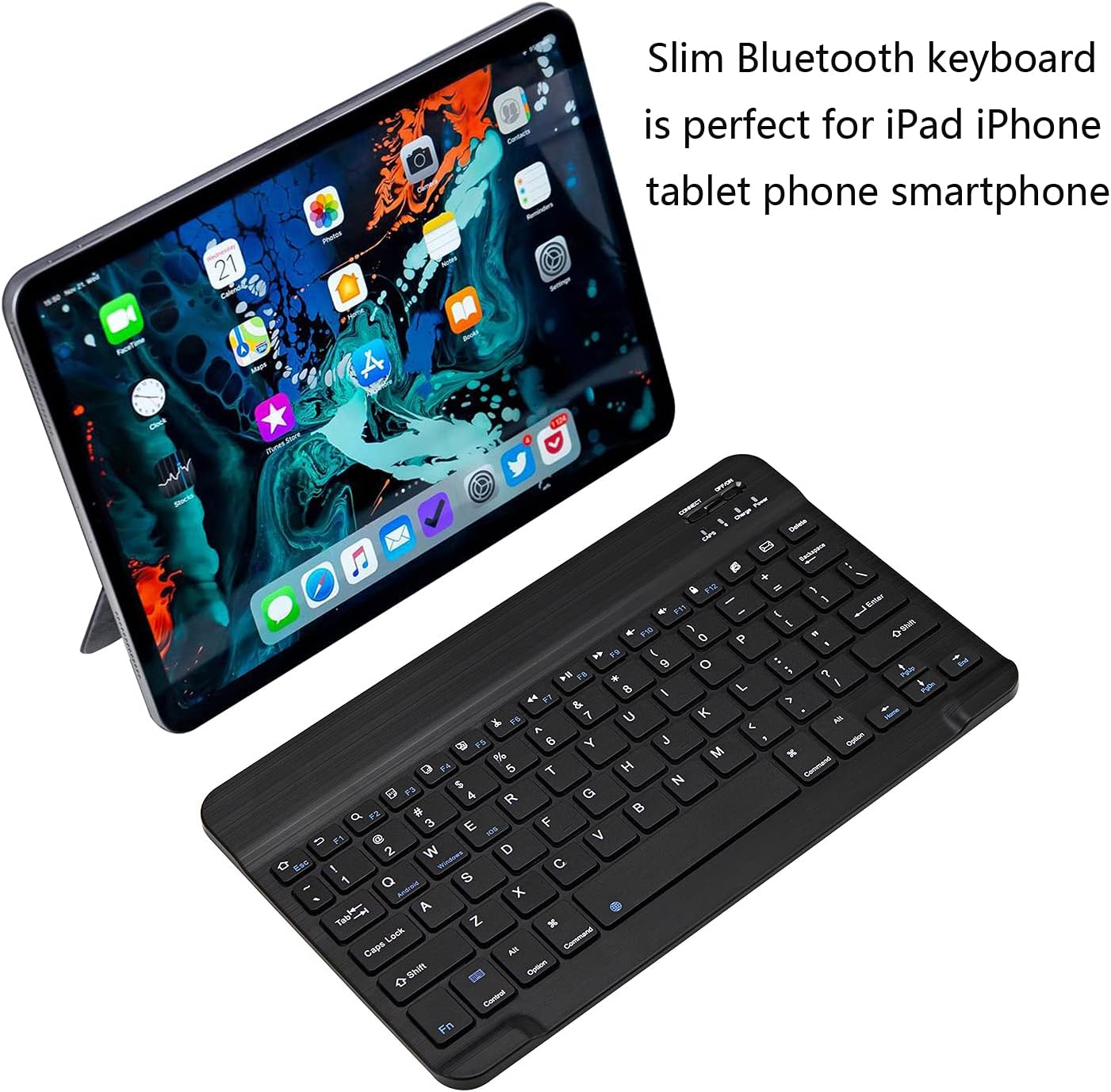 Xukinroy Ultra-Slim Bluetooth Keyboard, Portable Mini Wireless Rechargeable Keyboard for iPad, iPhone, Samsung, Tablets & Smartphones – Compatible with iOS, Android & Windows (10-Inch, Black)