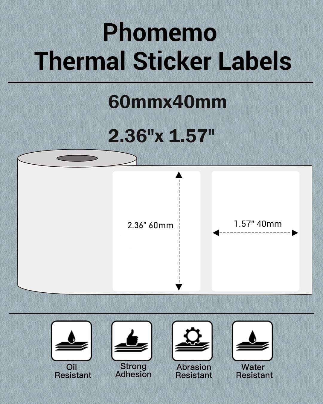 Phomemo 60x40mm Thermal Labels (2.36"x1.57") – Compatible with M110, M221, M220, M150, M120 Label Printers – Self-Adhesive Barcode, Address & Shipping Stickers – Black on White, 180 Labels/Roll