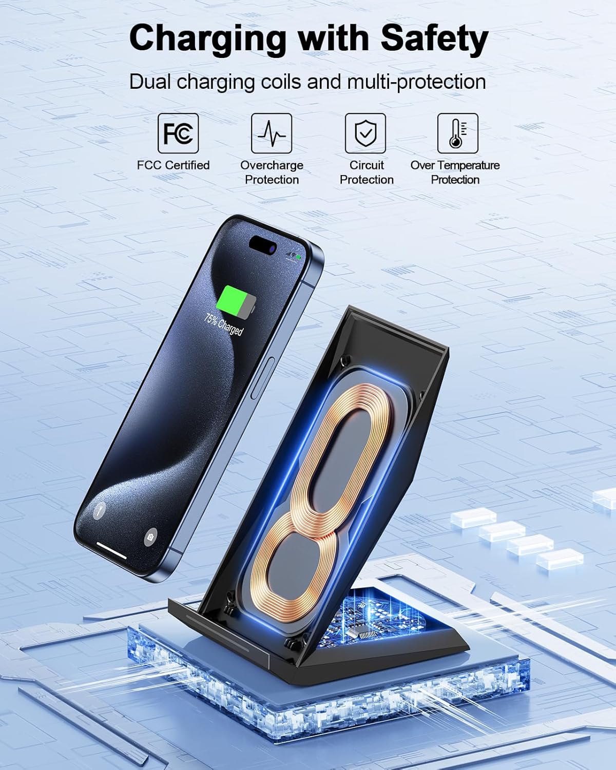 NANAMI Fast Wireless Charging Stand, Qi Certified 15W Wireless Charger for iPhone 17–8 & Samsung Galaxy S25–S21 Ultra, Adjustable Charging Dock for Phones, Black